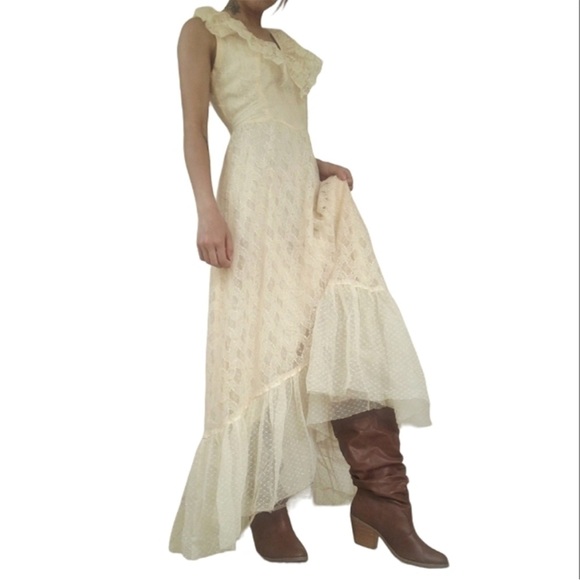 Vintage champagne white victorian lace wrap tulle prairie chiffon dress xs-s - Picture 3 of 3